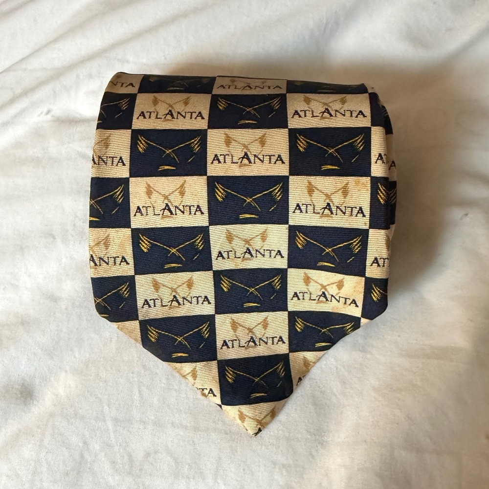 H. Stockton Atlanta Silk Tie Mens OS Navy Blue Tan Checkered Golf Excellent